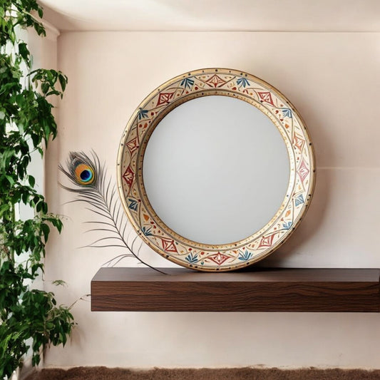J.L.HOME DECOR hand-painted round decorative mirror with traditional Rajasthani motifs. Ideal for adding a vintage Indian touch to your home.