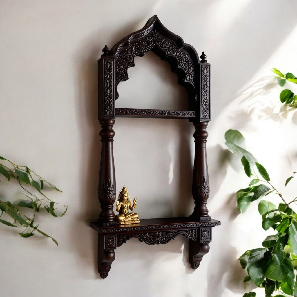 Jodhpur artisan dark wood archway display with dual tiers, featuring intricate hand-carved Indian decor. Ideal for displaying sacred items or antique collectibles.