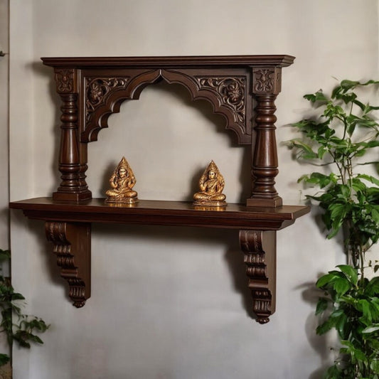 Jodhpur artisan dark wood carved archway wall altar, featuring intricate temple-inspired carvings. Ideal for displaying sacred items or antique collectibles.