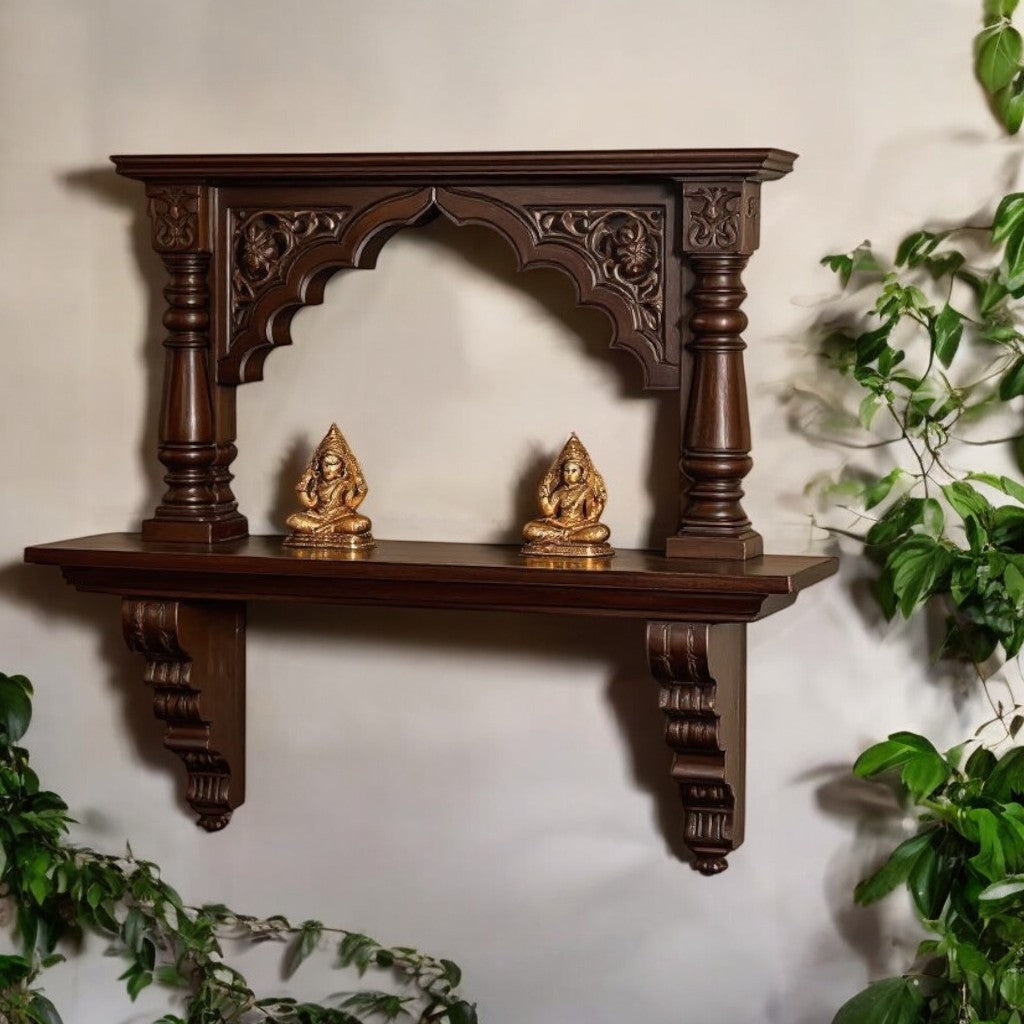 Jodhpur artisan dark wood carved archway wall altar, featuring intricate temple-inspired carvings. Ideal for displaying sacred items or antique collectibles.