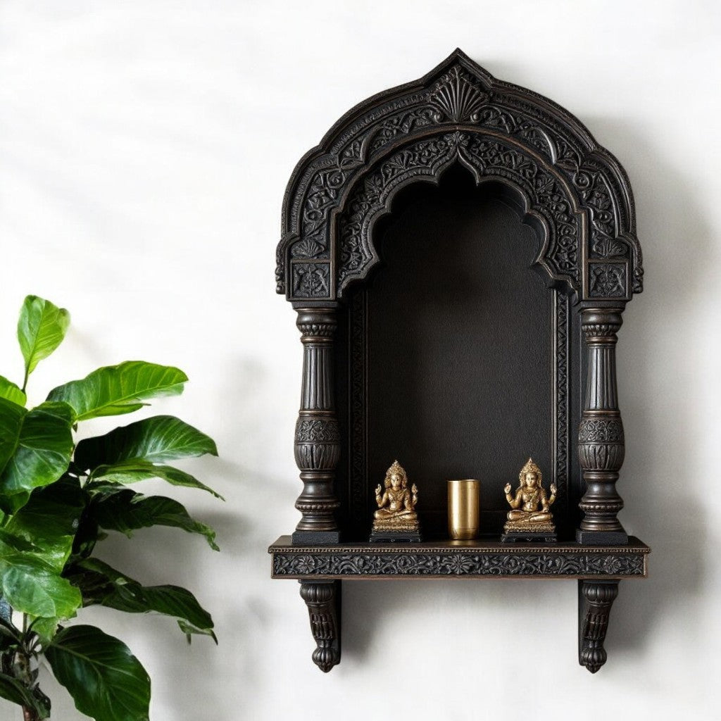 Discover our Jodhpur hand-carved dark wood archway wall niche. Temple style pooja shelf, Indian heritage decor. Add cultural richness to your home with this unique piece.