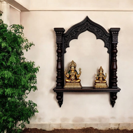 Rajasthani Temple Carved Shadow Box Wall Altar - Jodhpur Dark Wood Pooja Display, Artisan Heritage