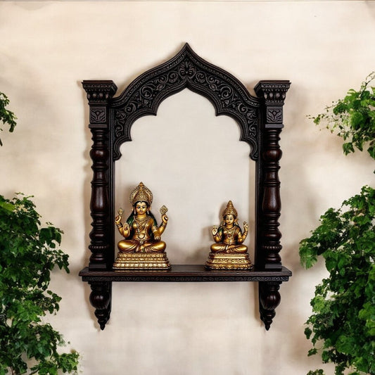 Rajasthani Temple Carved Shadow Box Wall Altar - Jodhpur Dark Wood Pooja Display, Artisan Heritage