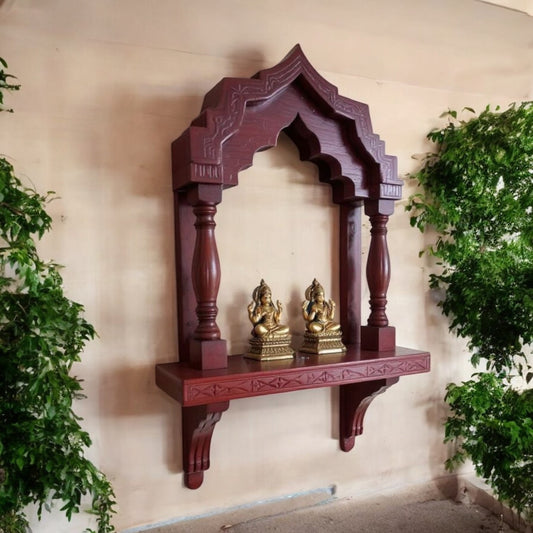 Discover the J.L.HOME DECOR hand-carved mahogany archway pooja shelf. Traditional Indian temple wall mount, artisan heritage decor. Add cultural elegance to your home.