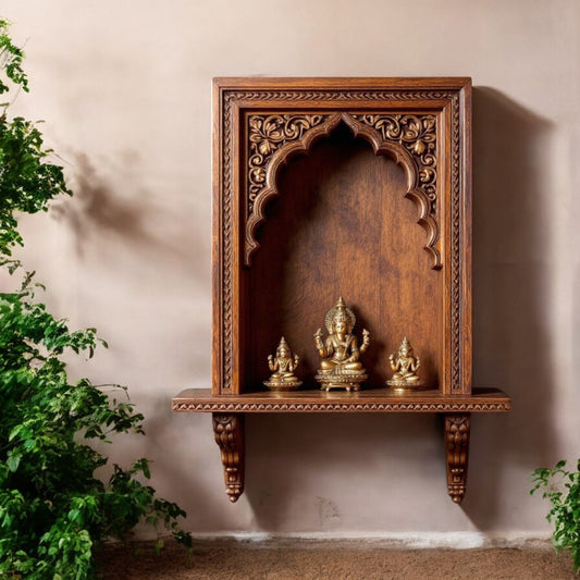 J.L.HOME DECOR intricately carved wooden pooja niche, featuring detailed floral and vine motifs. Ideal for displaying sacred items or antique collectibles.