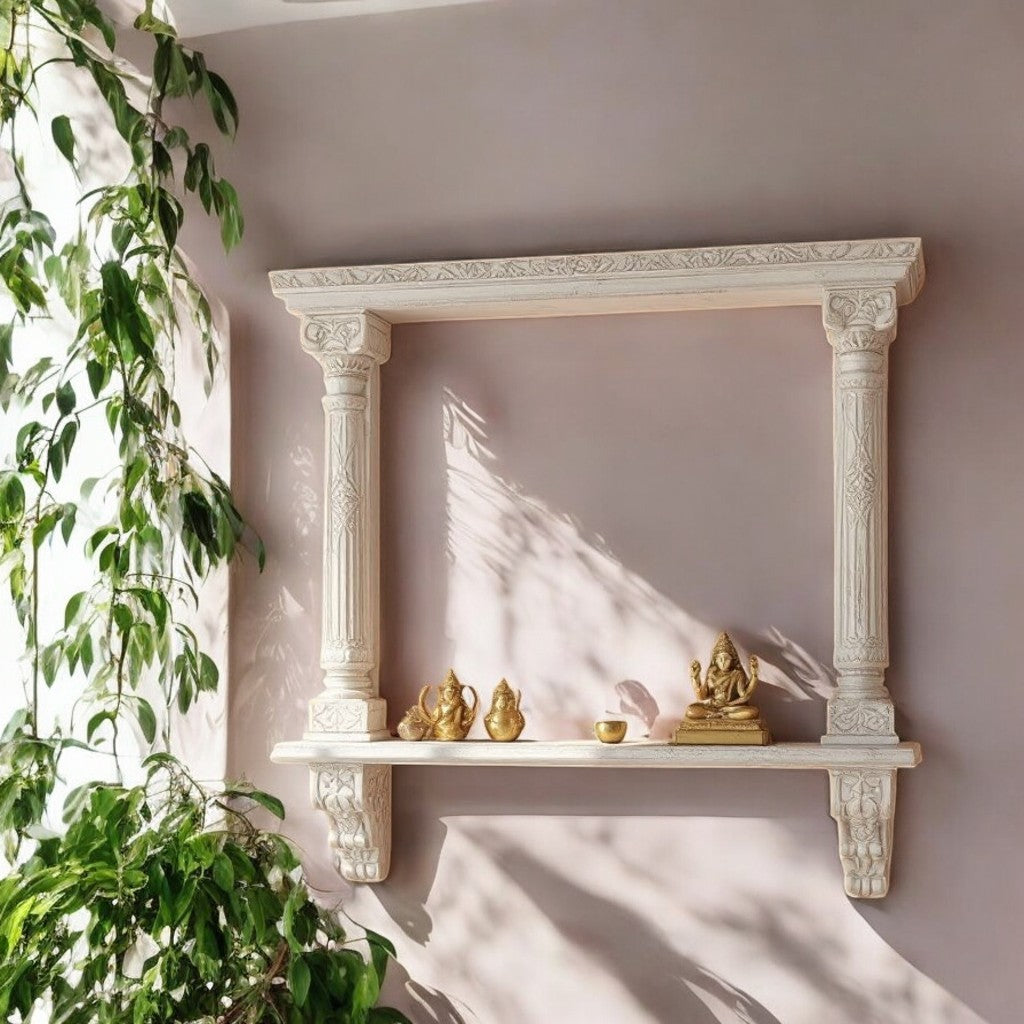 Jodhpur hand-carved white-washed archway wall shelf with columns and corbels. Handcrafted in Jodhpur, Rajasthan. Ideal for pooja display and antique home decor.
