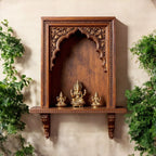 J.L.HOME DECOR intricately carved wooden pooja niche, featuring detailed floral and vine motifs. Ideal for displaying sacred items or antique collectibles.