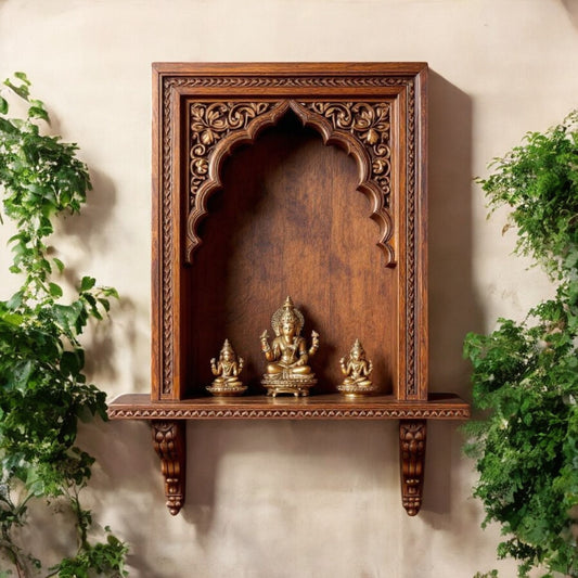 J.L.HOME DECOR intricately carved wooden pooja niche, featuring detailed floral and vine motifs. Ideal for displaying sacred items or antique collectibles.