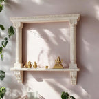 Jodhpur hand-carved white-washed archway wall shelf with columns and corbels. Handcrafted in Jodhpur, Rajasthan. Ideal for pooja display and antique home decor.
