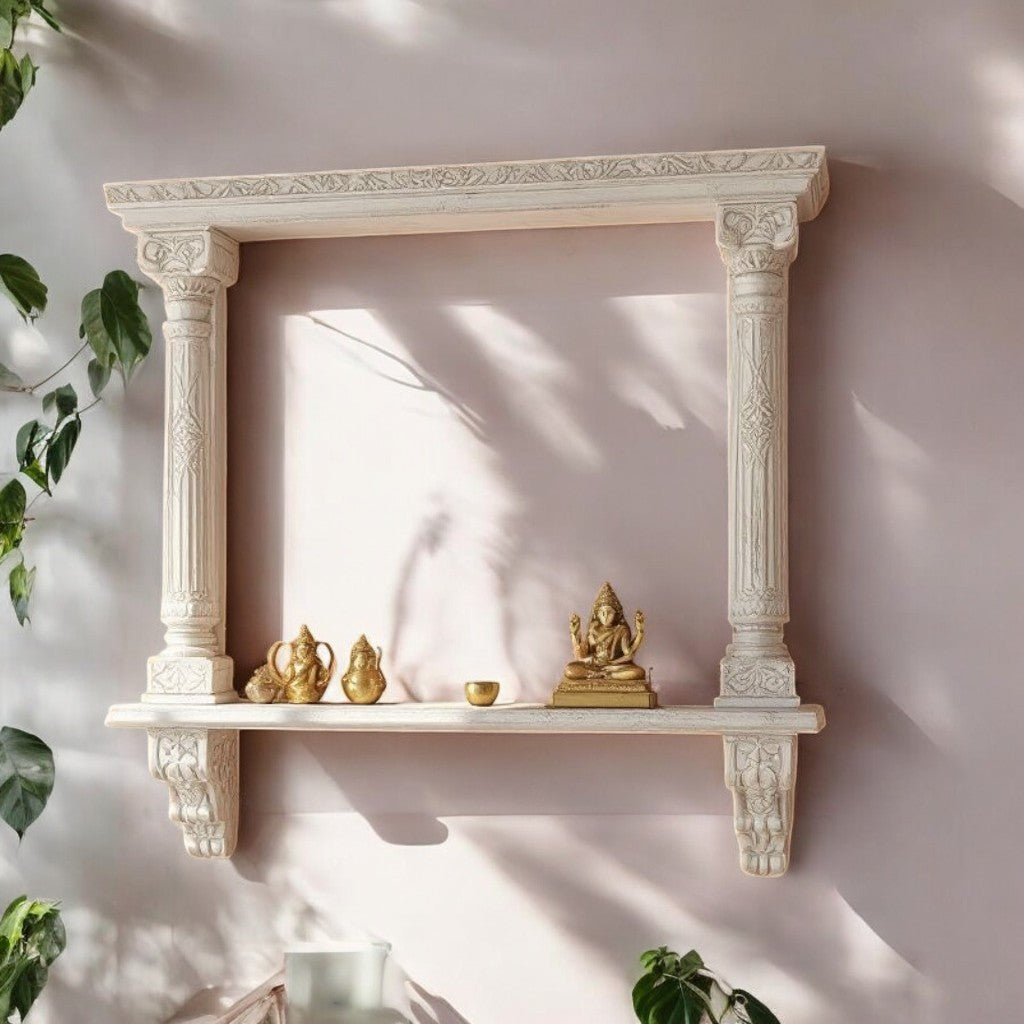 Jodhpur hand-carved white-washed archway wall shelf with columns and corbels. Handcrafted in Jodhpur, Rajasthan. Ideal for pooja display and antique home decor.