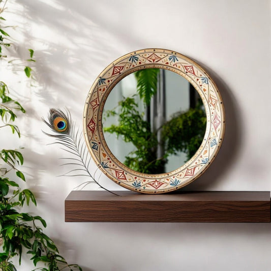 J.L.HOME DECOR hand-painted round decorative mirror with traditional Rajasthani motifs. Ideal for adding a vintage Indian touch to your home.