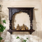 Jodhpur hand-carved dark wood archway pooja shelf with columns and corbels. Handcrafted in Jodhpur, Rajasthan. Ideal for pooja display and antique home decor.