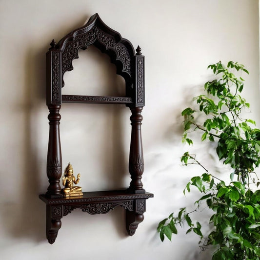 Artisan Jodhpur Dark Wood Archway Display - Dual Tier Wall Shrine, Hand-Carved Indian Decor

