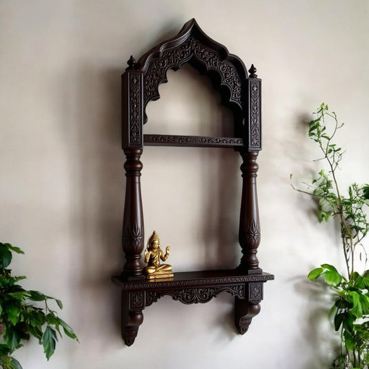 Jodhpur artisan dark wood archway display with dual tiers, featuring intricate hand-carved Indian decor. Ideal for displaying sacred items or antique collectibles.