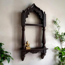 Jodhpur artisan dark wood archway display with dual tiers, featuring intricate hand-carved Indian decor. Ideal for displaying sacred items or antique collectibles.