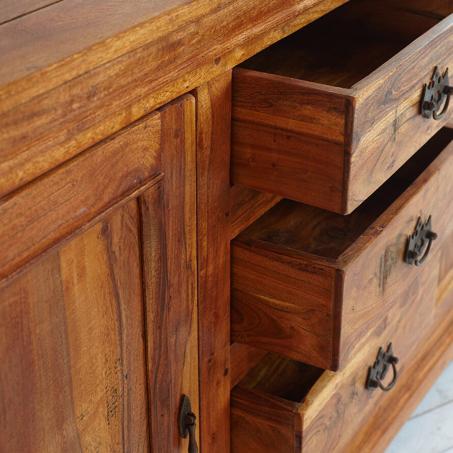 Chalet House Solid Acacia Chest of Drawers - 150cm Rustic Sideboard with 4 Drawers and 2 Doors