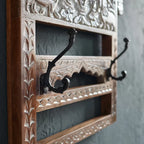 Hand‑Carved Mango Wood Wall Shelf — Vintage Indian 3‑Tier Hook Rack, Antique Brown, 64 × 60 × 13 cm
