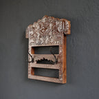 Hand‑Carved Mango Wood Wall Shelf — Vintage Indian 3‑Tier Hook Rack, Antique Brown, 64 × 60 × 13 cm