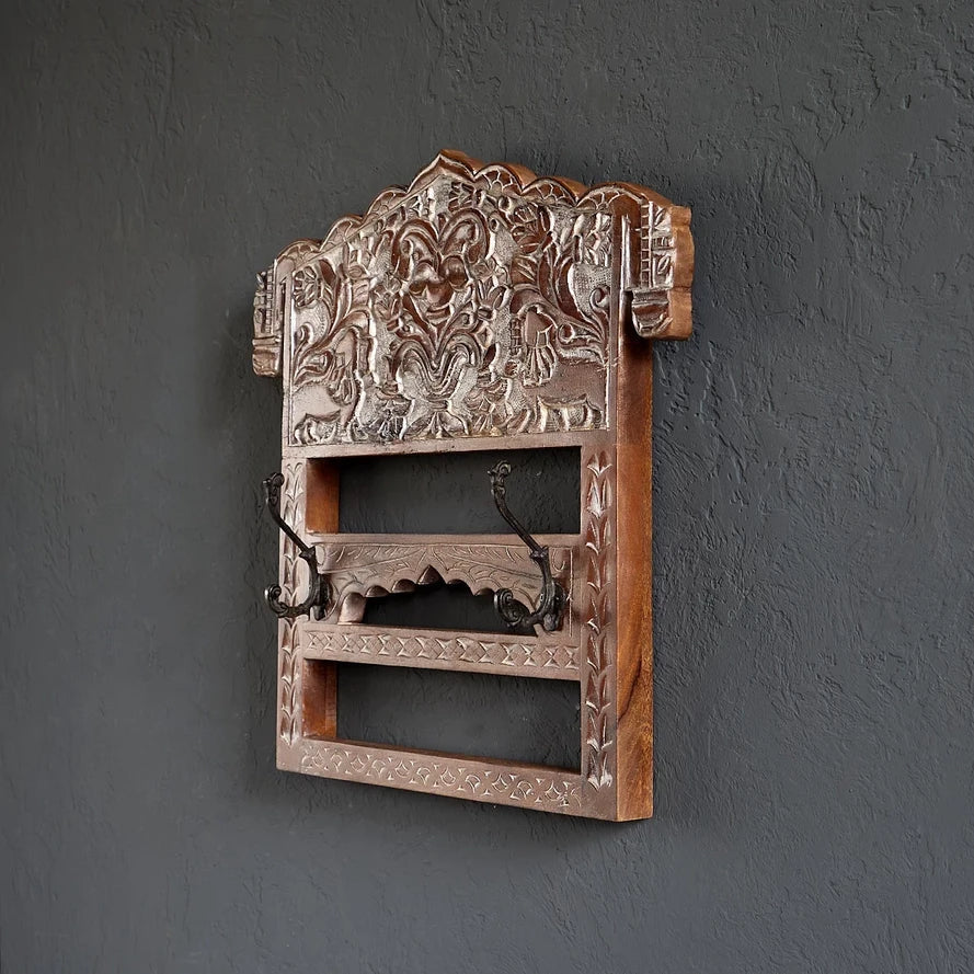 Hand‑Carved Mango Wood Wall Shelf — Vintage Indian 3‑Tier Hook Rack, Antique Brown, 64 × 60 × 13 cm