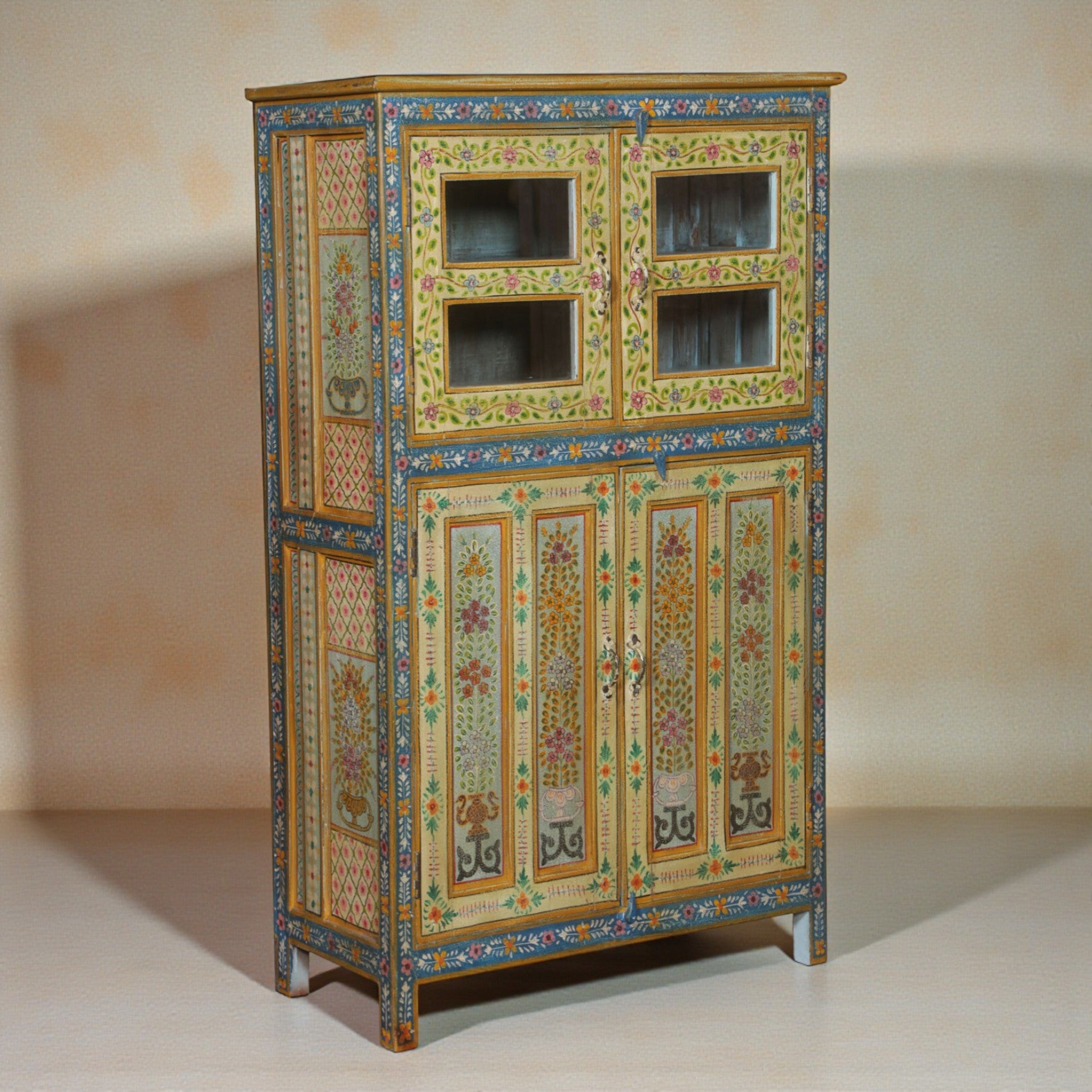 Mehendi Art Painted Mango Wood Cabinet - Handcrafted 160cm Multicolor Solid Wood Wardrobe