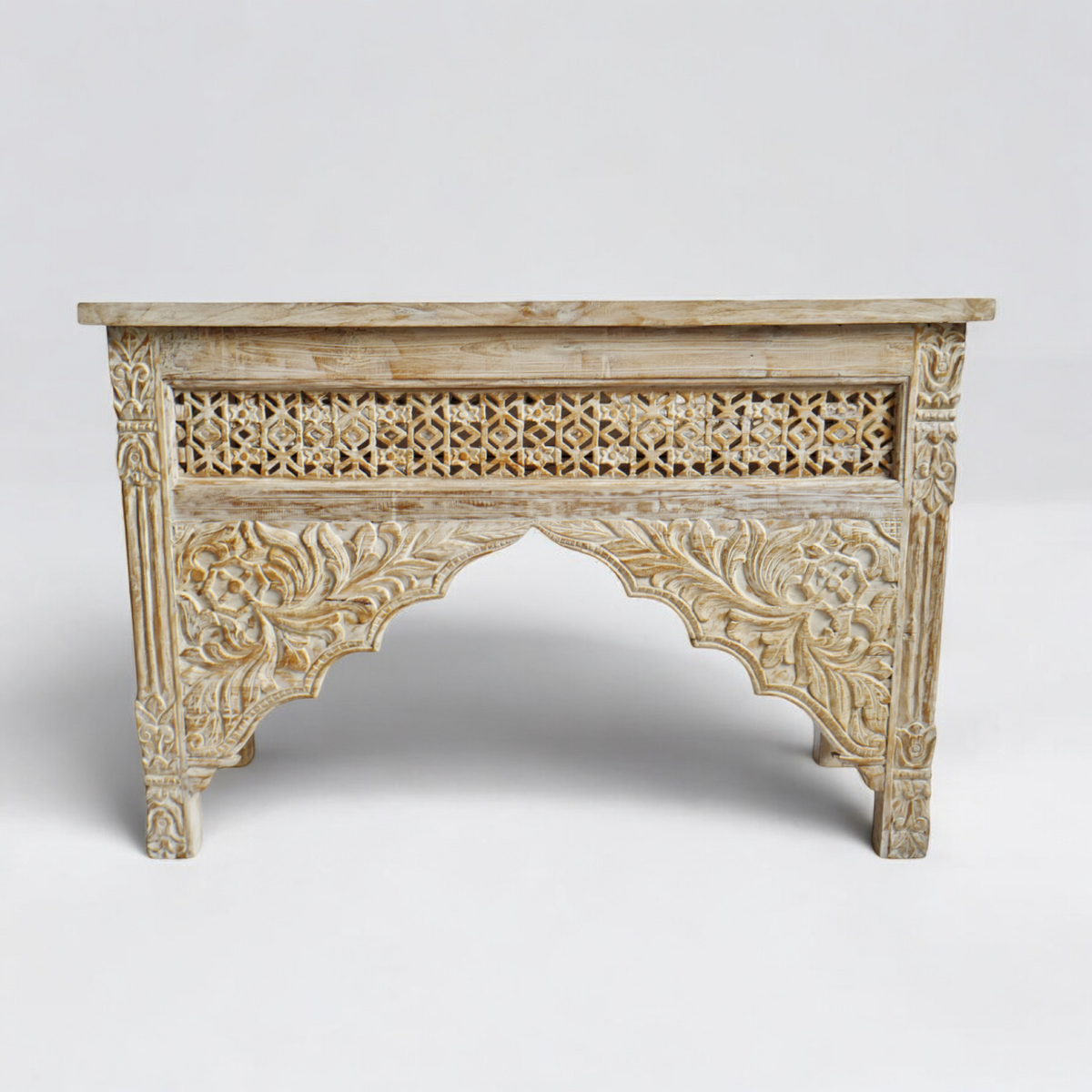 White Wash Architectural Carved Wood Console Table