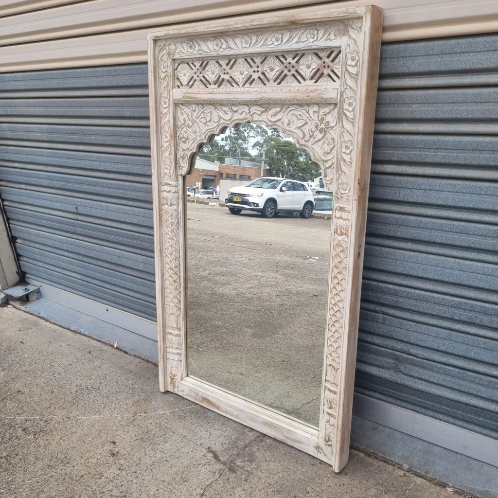 hand carved mirror, solid wood mirror, rustic white mirror, distressed white mirror, horizontal mirror, wall mirror, mehrab arch mirror, arched mirror, jali lattice mirror, entryway mirror, console mirror, living room mirror, bedroom mirror, decorative mirror, indian furniture, handmade mirror, artisan made mirror, premium wood mirror, quality mirror, durable mirror, sturdy mirror, timeless mirror, elegant mirror, statement mirror, ornate mirror, unique mirror, sculptural mirror, focal piece mirror, handcra