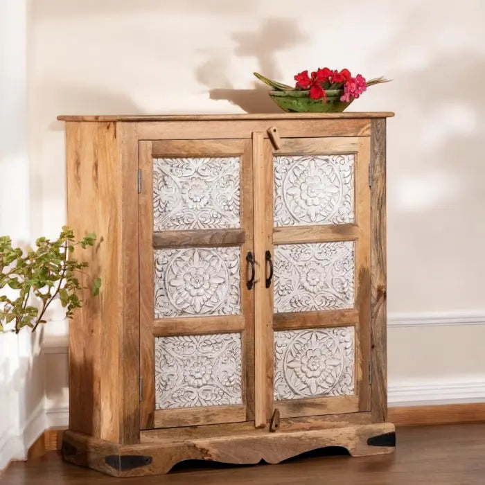 Two Door White carving Natural Cabinet Cabinet  Artisan Craftsmanship jlhomedecor2021.myshopify.com