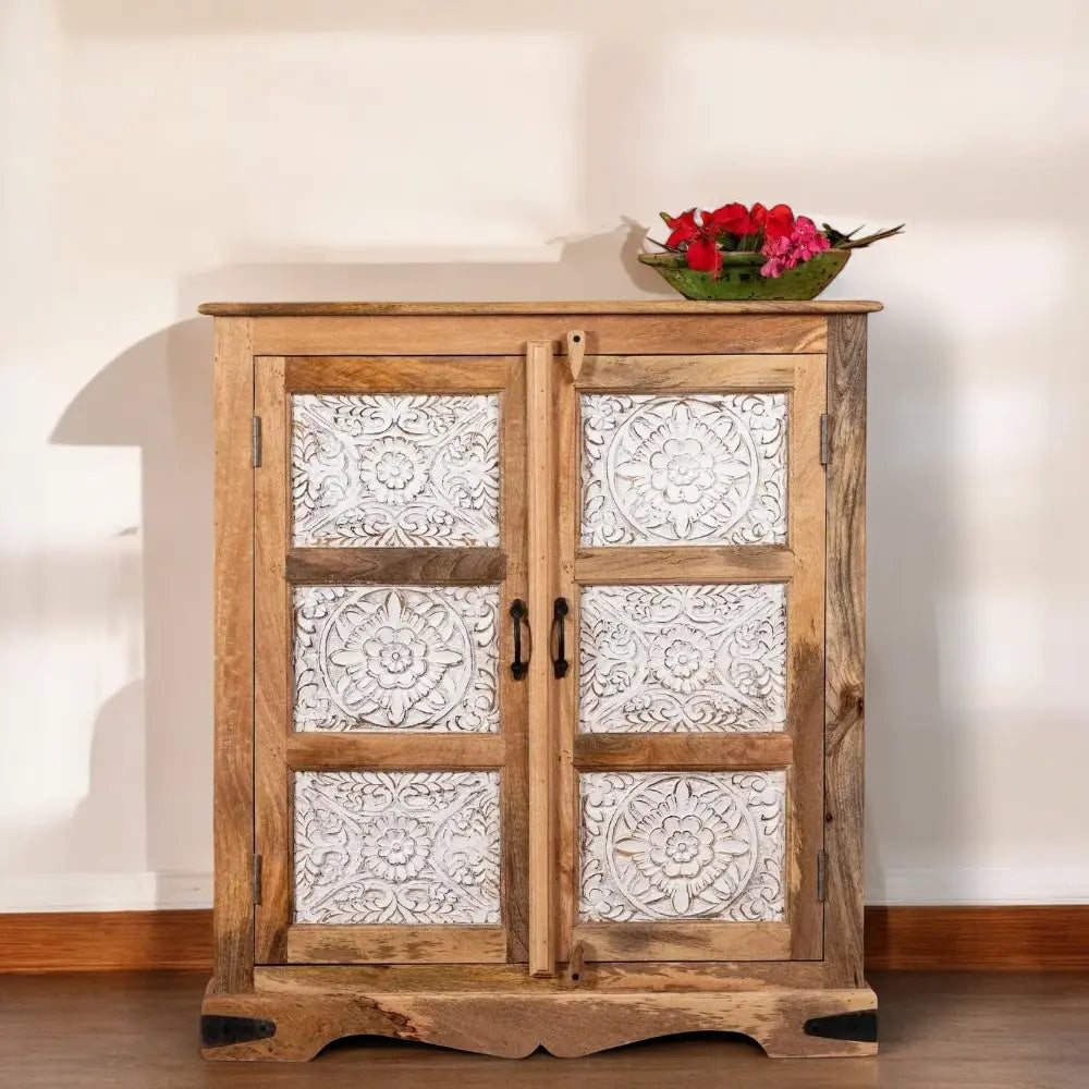 Two Door White carving Natural Cabinet Cabinet  Artisan Craftsmanship jlhomedecor2021.myshopify.com
