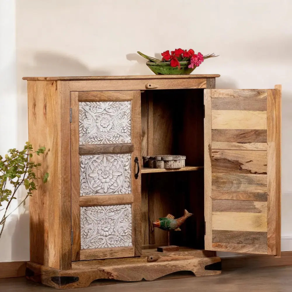 Two Door White carving Natural Cabinet Cabinet  Artisan Craftsmanship jlhomedecor2021.myshopify.com
