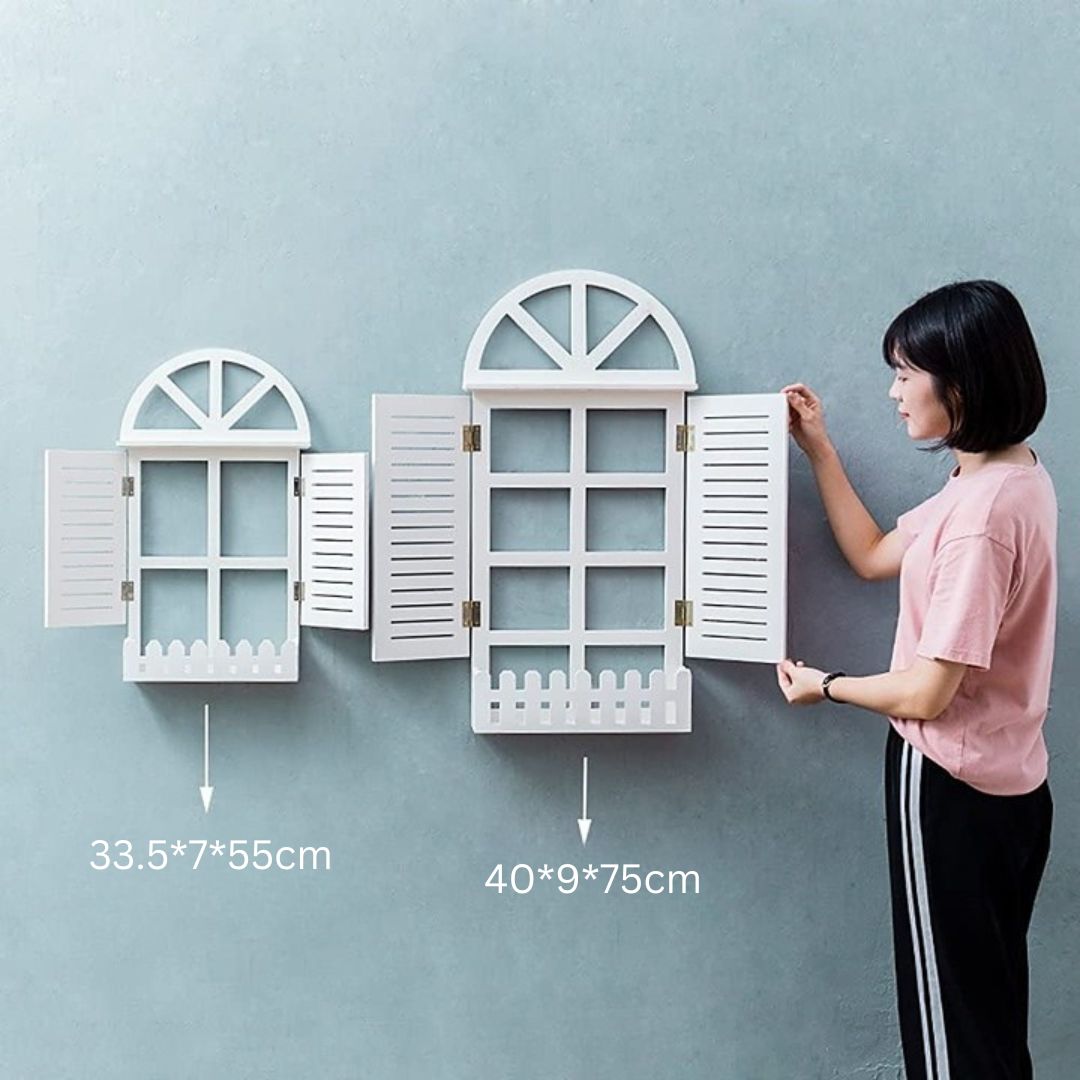 Handcrafted Fake Window Wall Decor in Large (75x41 cm) and Small (55x33.5 cm) sizes, made of high-quality wood. Perfect for living room, bedroom, and dining area wall decor. Adds rustic charm and the illusion of a window to any wall. Ideal for indoor and outdoor spaces, balcony wall decor, and plant wall displays. Made in Jodhpur (Rajasthan).