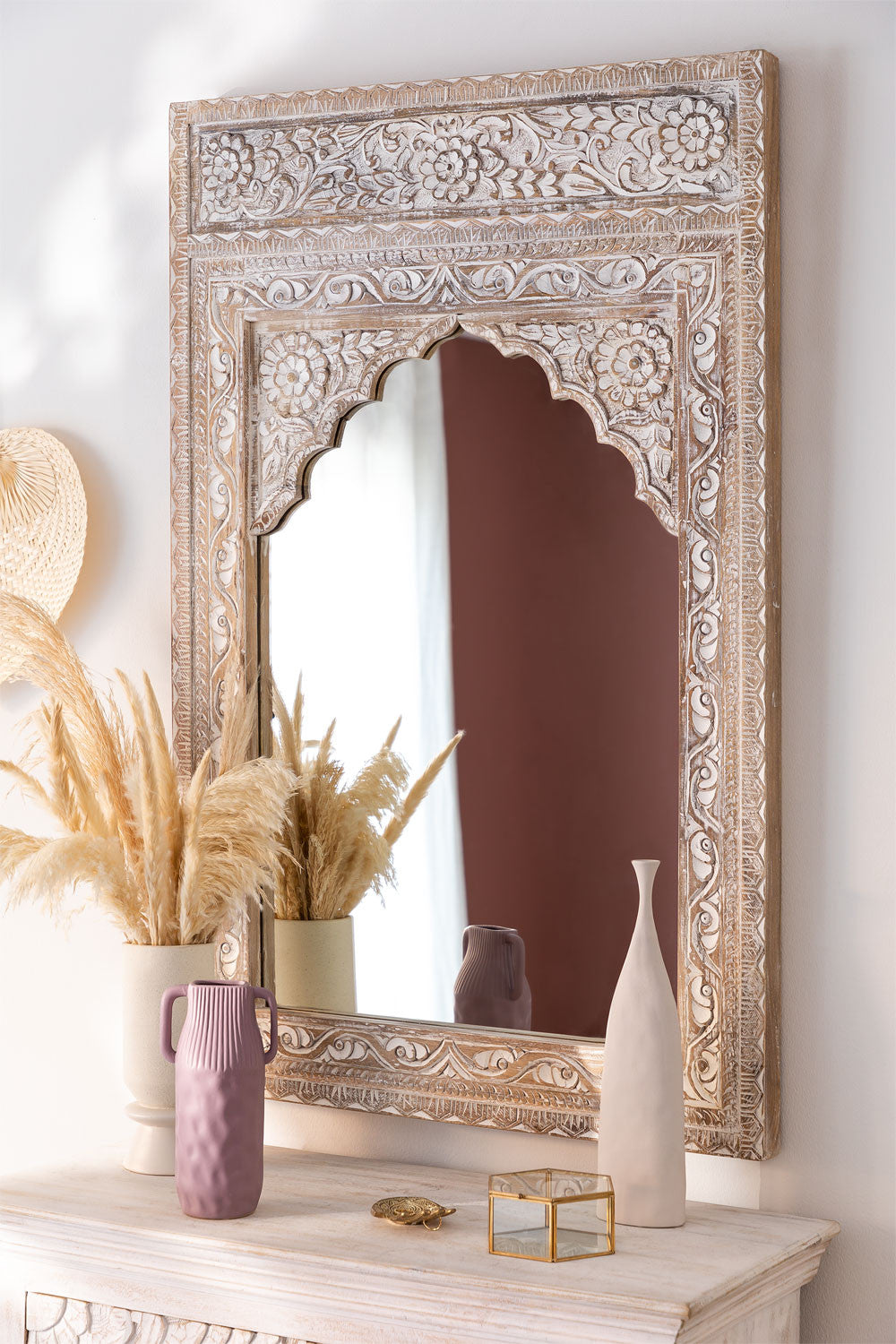 Handmade Indian Style Jharokha Hand Carved Wall Mirror in Solid Hard Wood | Vinatge | Rustic | Living Room Antique Wall Decor
