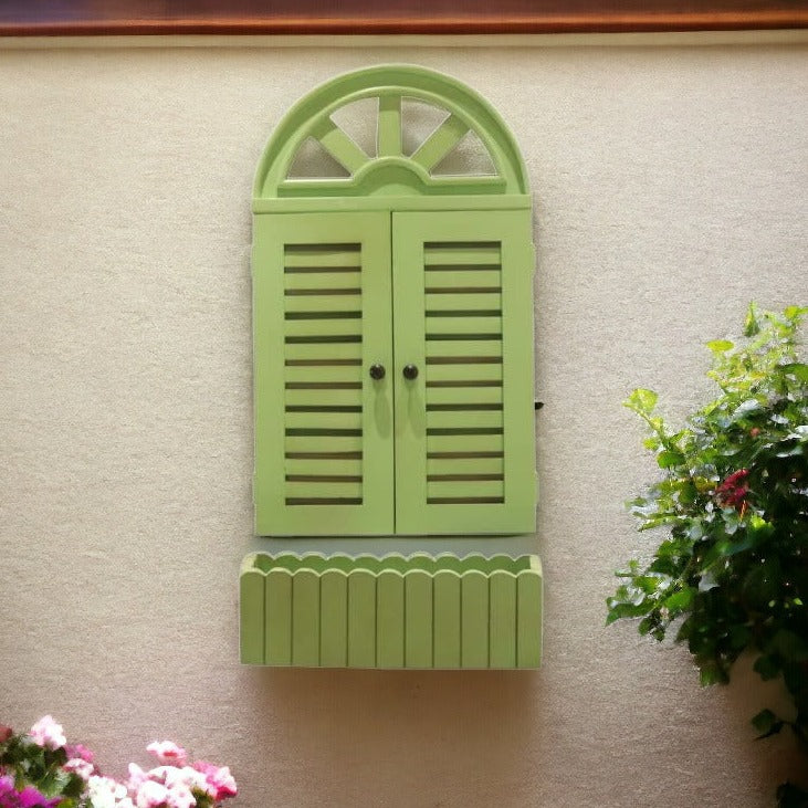 Handcrafted Fake Window Wall Decor in Large (75x41 cm) and Small (55x33.5 cm) sizes, made of high-quality wood. Perfect for living room, bedroom, and dining area wall decor. Adds rustic charm and the illusion of a window to any wall. Ideal for indoor and outdoor spaces, balcony wall decor, and plant wall displays. Made in Jodhpur (Rajasthan).