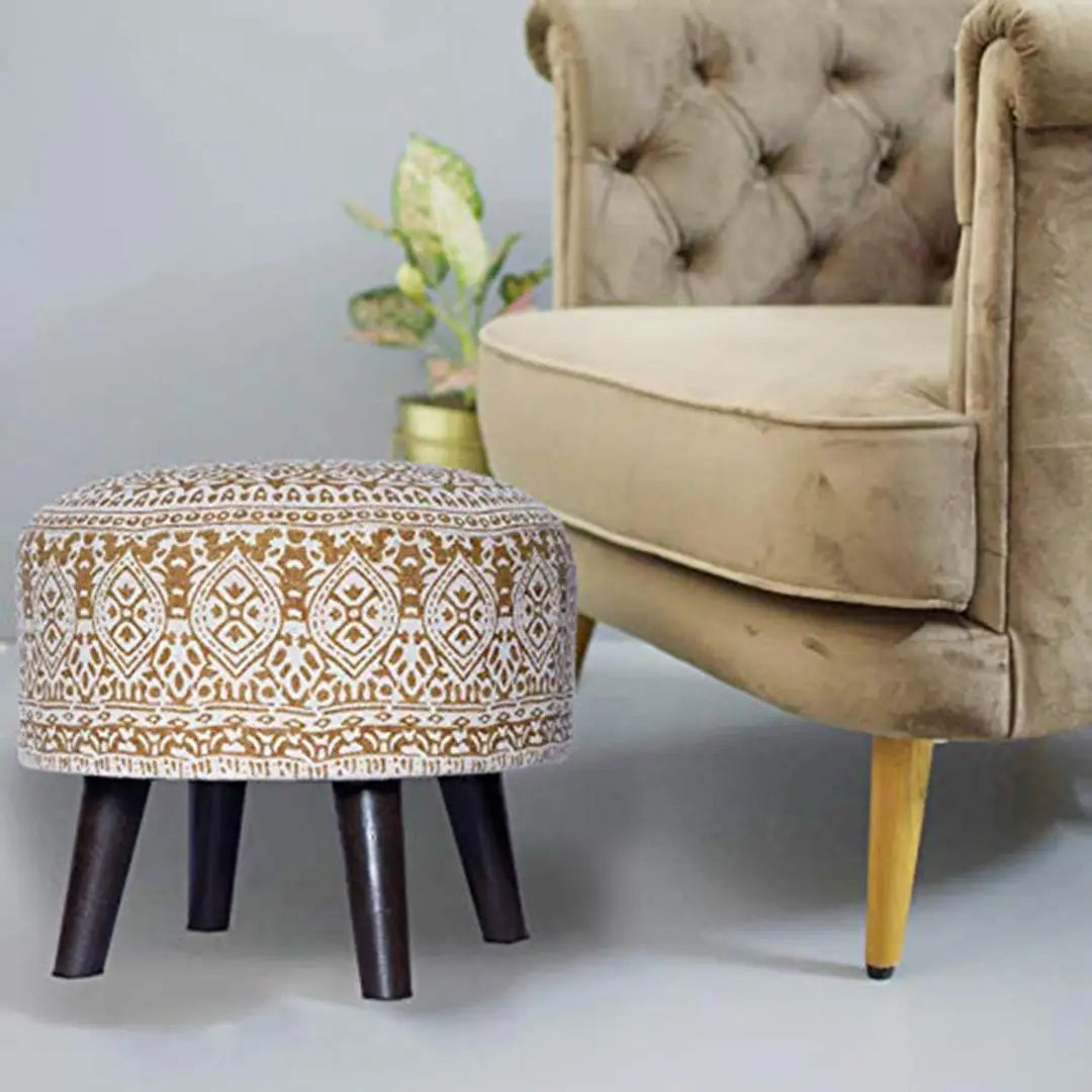 Stool for Living Room sitting printed ottoman upholstered foam cushioned pouffe puffy for foot rest home furniture with 4 wooden leg