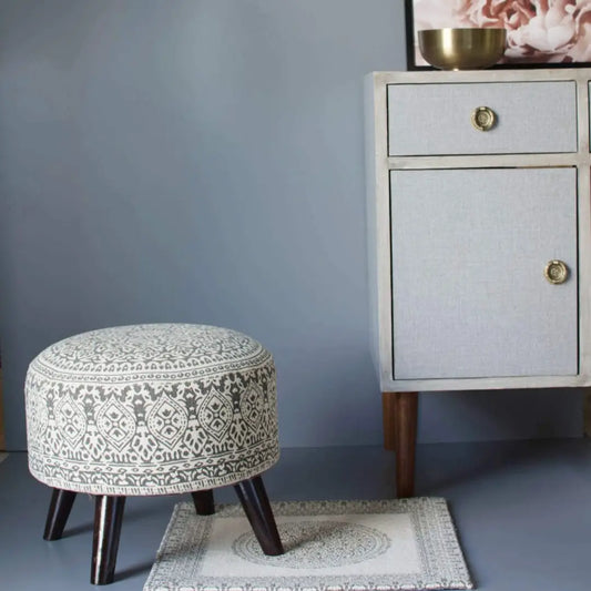 Stool for Living Room sitting printed ottoman upholstered foam cushioned pouffe puffy for foot rest home furniture with 4 wooden leg
