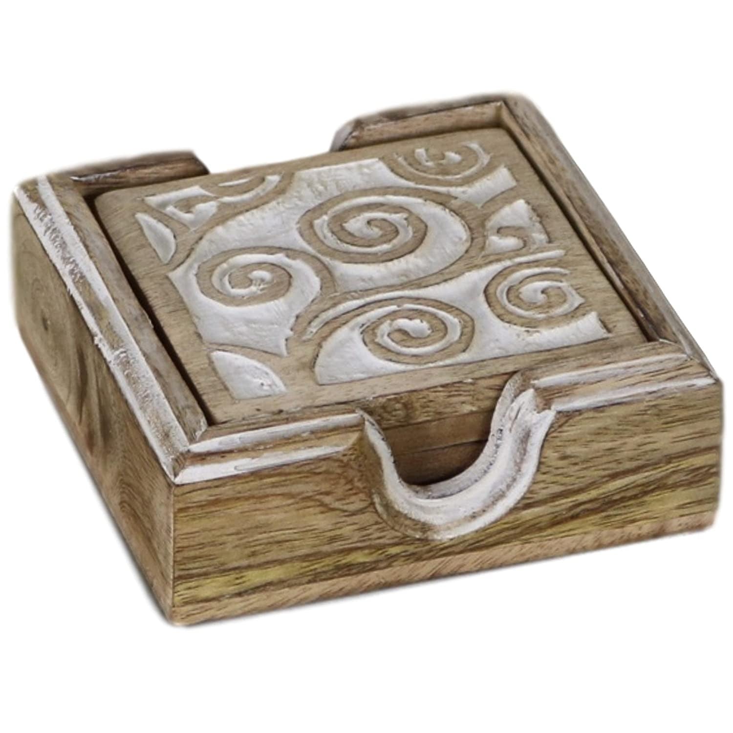 Set Wood Coasters (Set of 4) Rustic Wooden Carved - J.L.HOME DECOR
