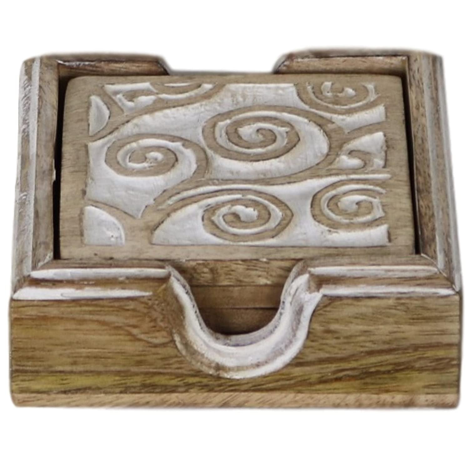 Set Wood Coasters (Set of 4) Rustic Wooden Carved - J.L.HOME DECOR