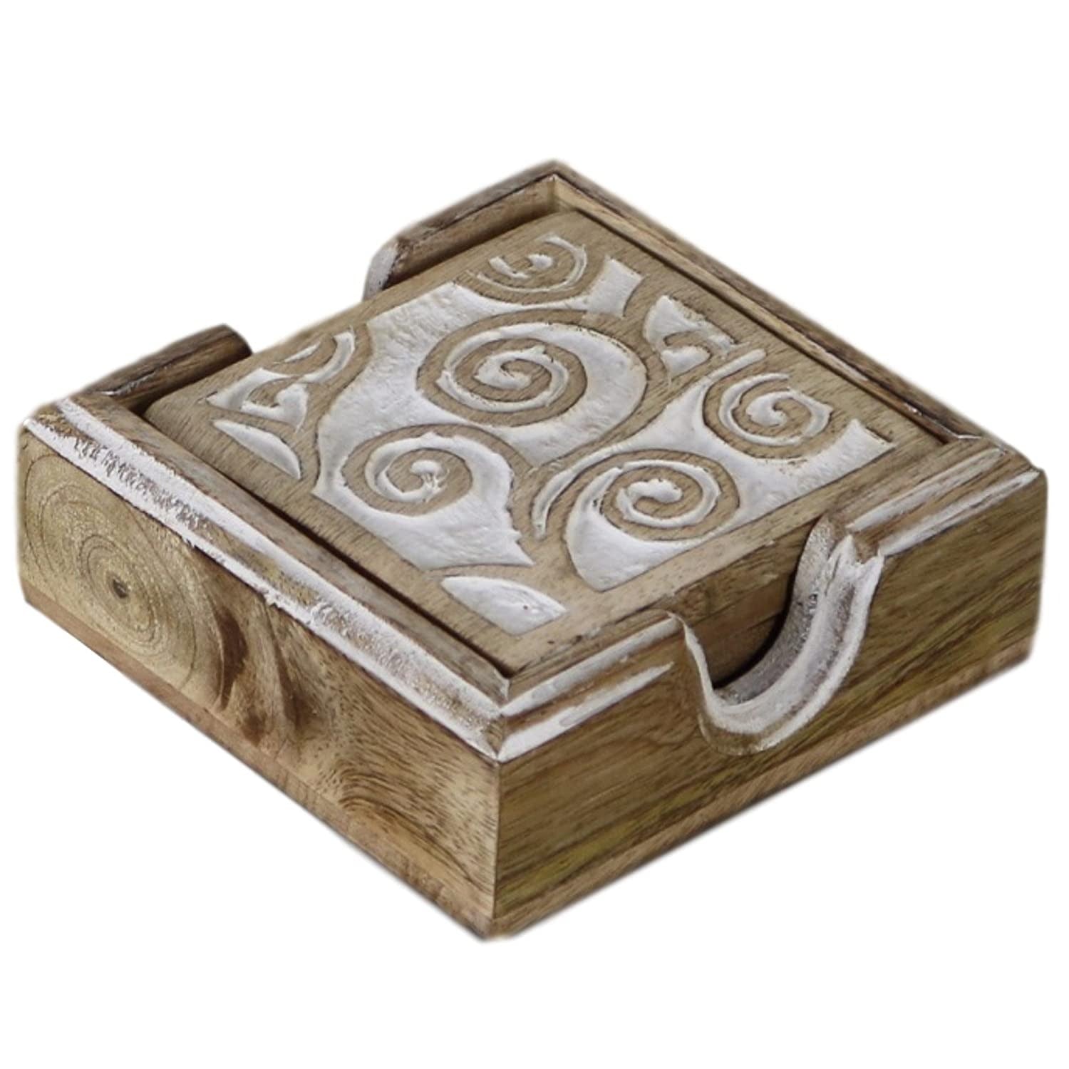 Set Wood Coasters (Set of 4) Rustic Wooden Carved - J.L.HOME DECOR