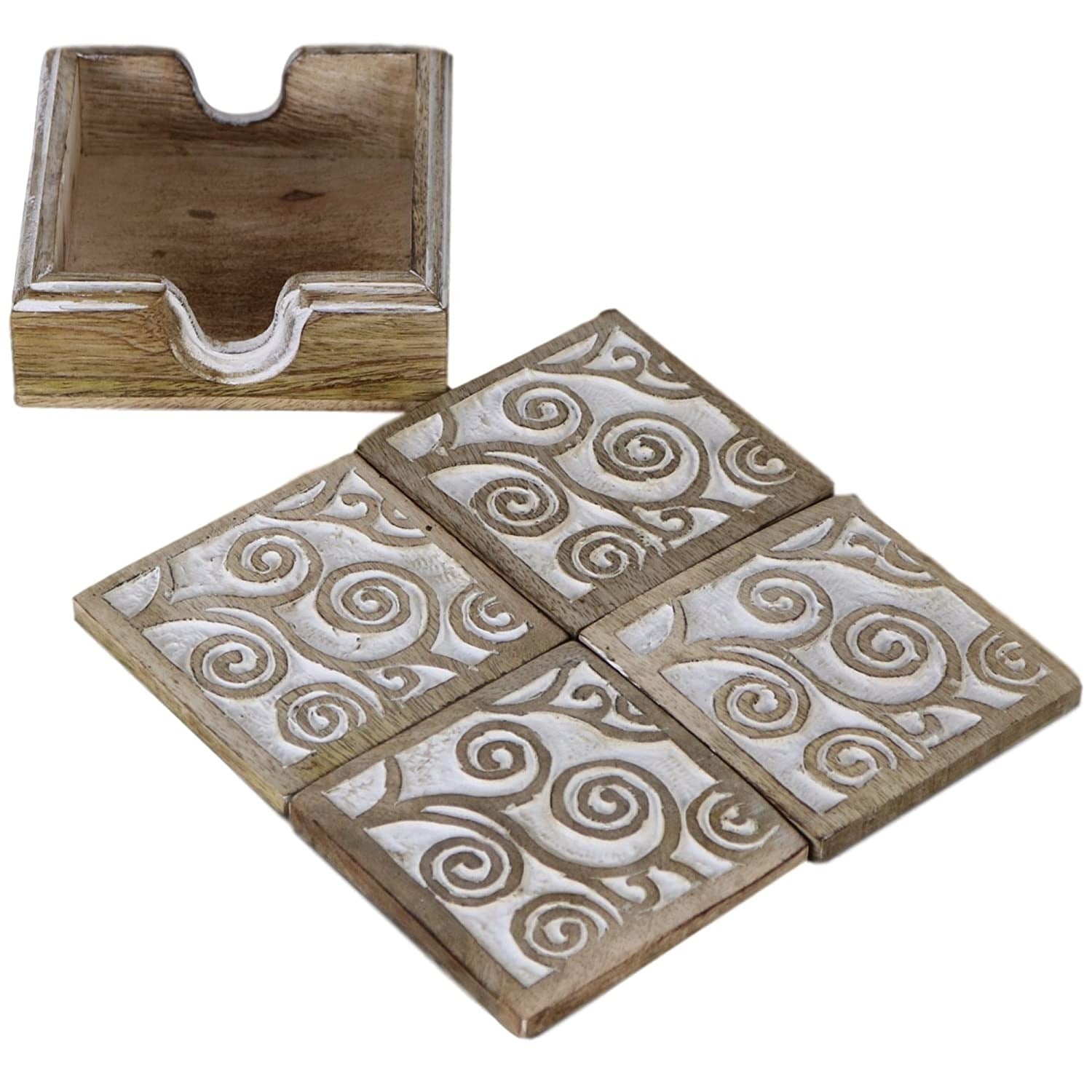 Set Wood Coasters (Set of 4) Rustic Wooden Carved - J.L.HOME DECOR