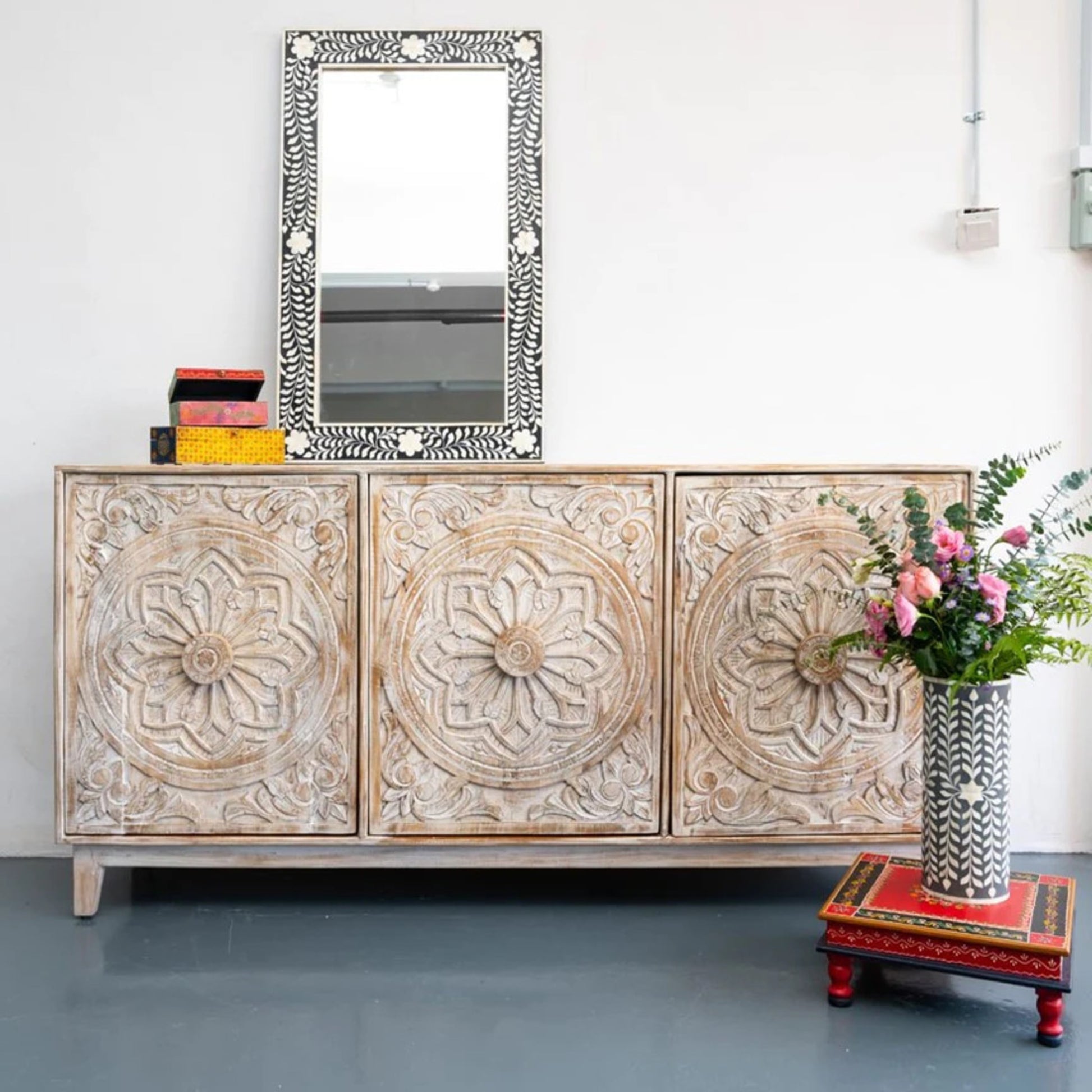 Carved 3 Door Buffet Sideboard in Solid Hard Wood - J.L.HOME DECOR