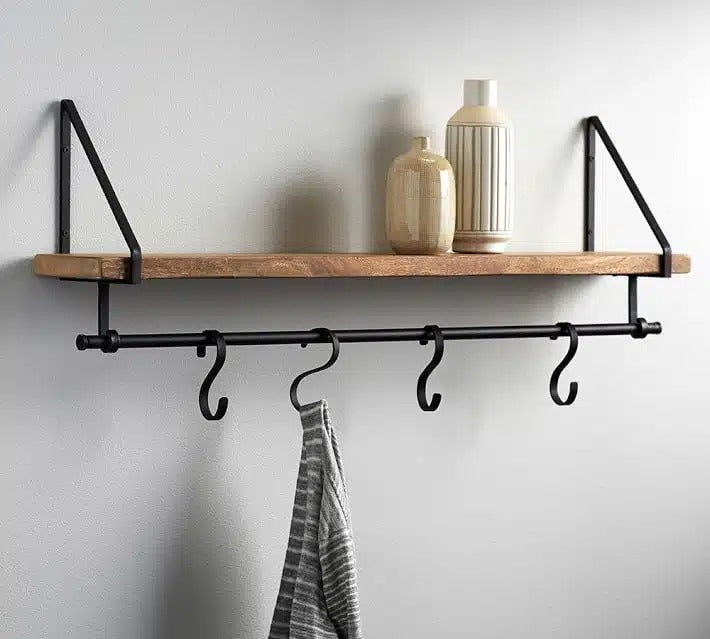 Wooden Wall Shelf With Hooks - J.L.HOME DECOR