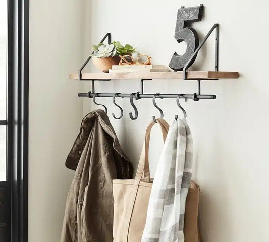 Wooden Wall Shelf With Hooks - J.L.HOME DECOR