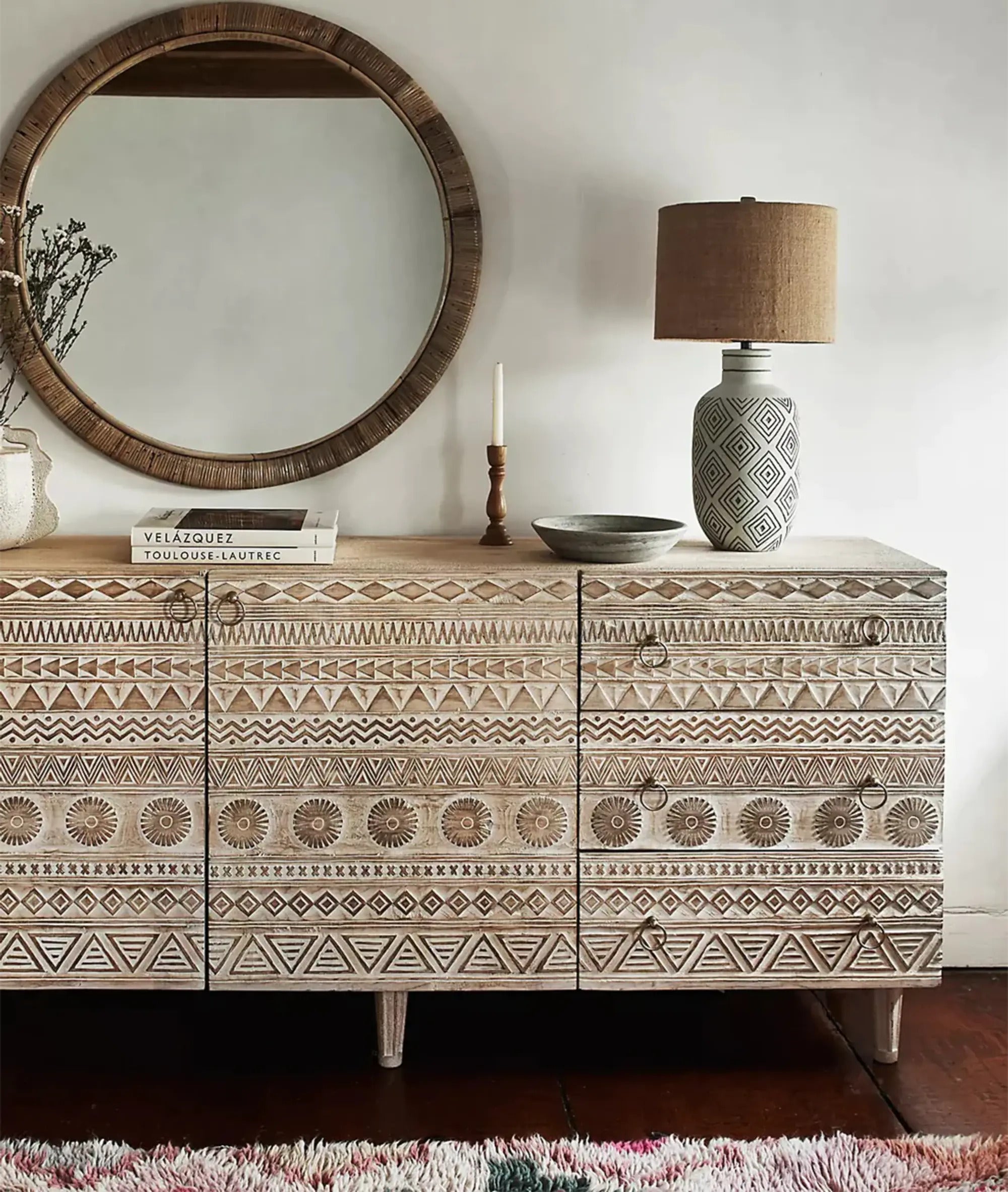 Vintage Carved Mango Wood Sideboard Whitewash - J.L.HOME DECOR