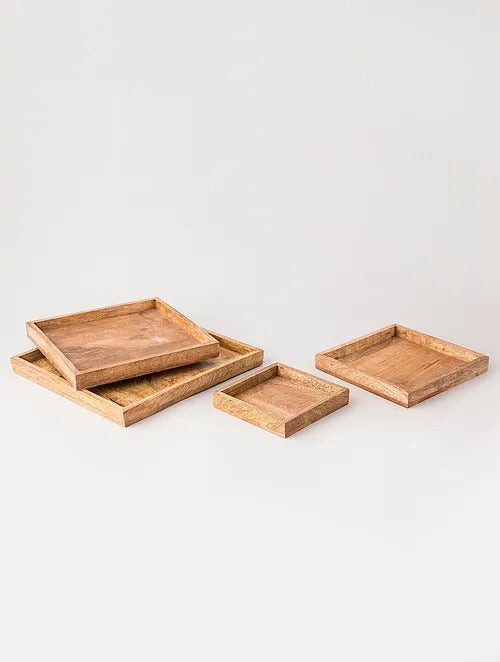Brown Mango Wooden And Enamel Tray Square (Set Of 4) - J.L.HOME DECOR