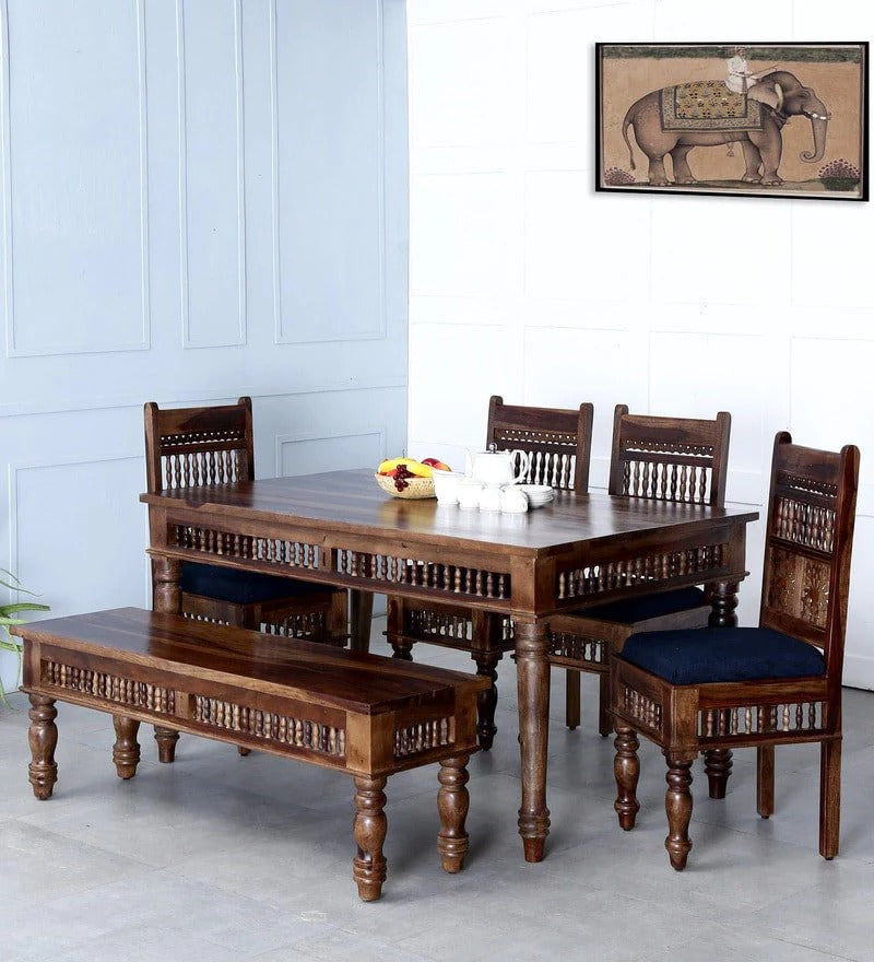Ghirli Solid Wood 6 Seater Dining Table Set - J.L.HOME DECOR
