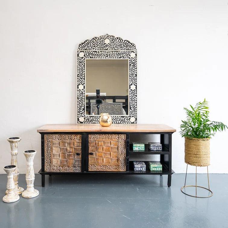 Hand Carved Industrial TV Console TV Cabinet Media Console - J.L.HOME DECOR