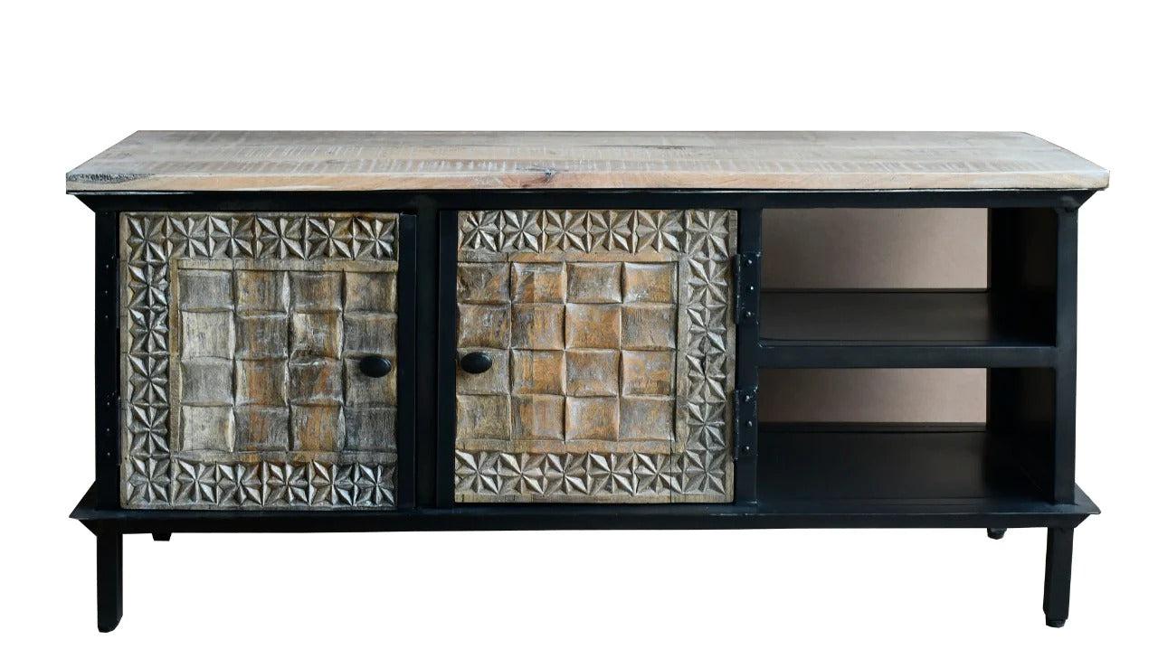 Hand Carved Industrial TV Console TV Cabinet Media Console - J.L.HOME DECOR