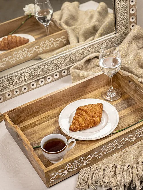 Brown and White Acacia Wood Tray (L-18in, W-12in, H-3in) - J.L.HOME DECOR