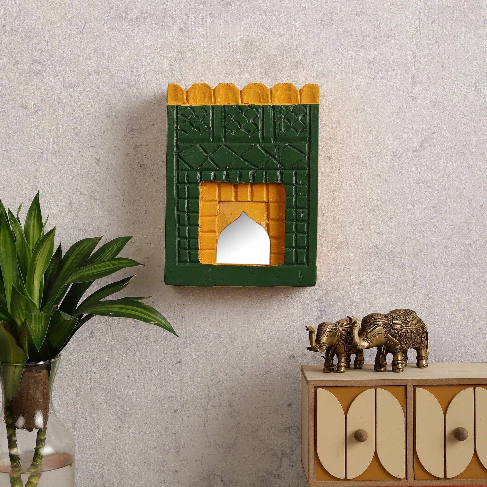 Vintage Handmade Indian Carved Jharoka Mirror 8.5x6.5 Inches - J.L.HOME DECOR