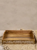 Brown and White Acacia Wood Tray (L-18in, W-12in, H-3in) - J.L.HOME DECOR