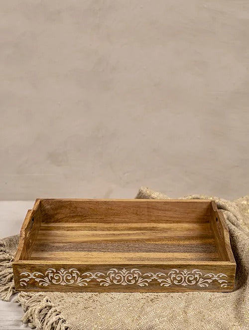 Brown and White Acacia Wood Tray (L-18in, W-12in, H-3in) - J.L.HOME DECOR